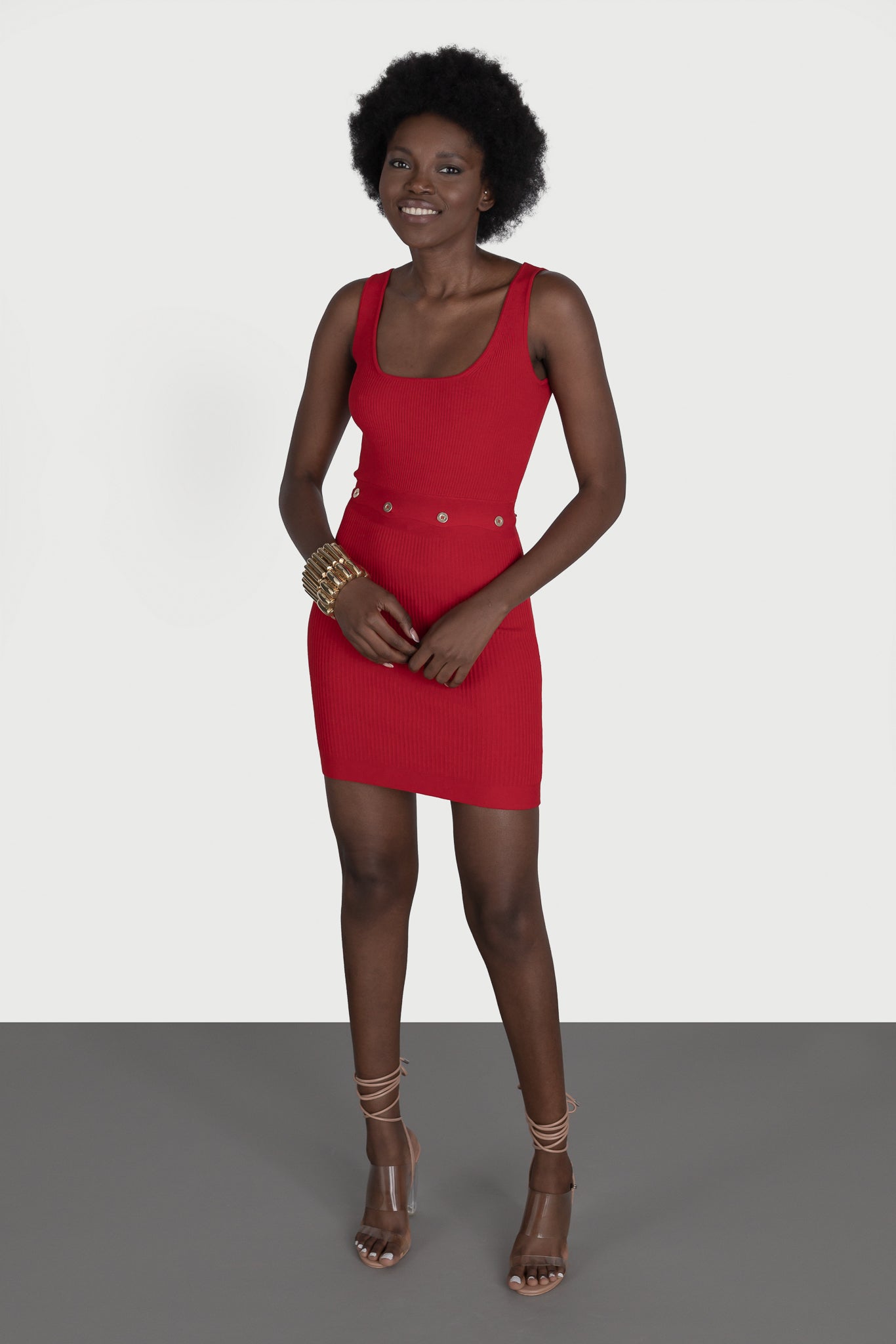 Three-piece dress with buttons