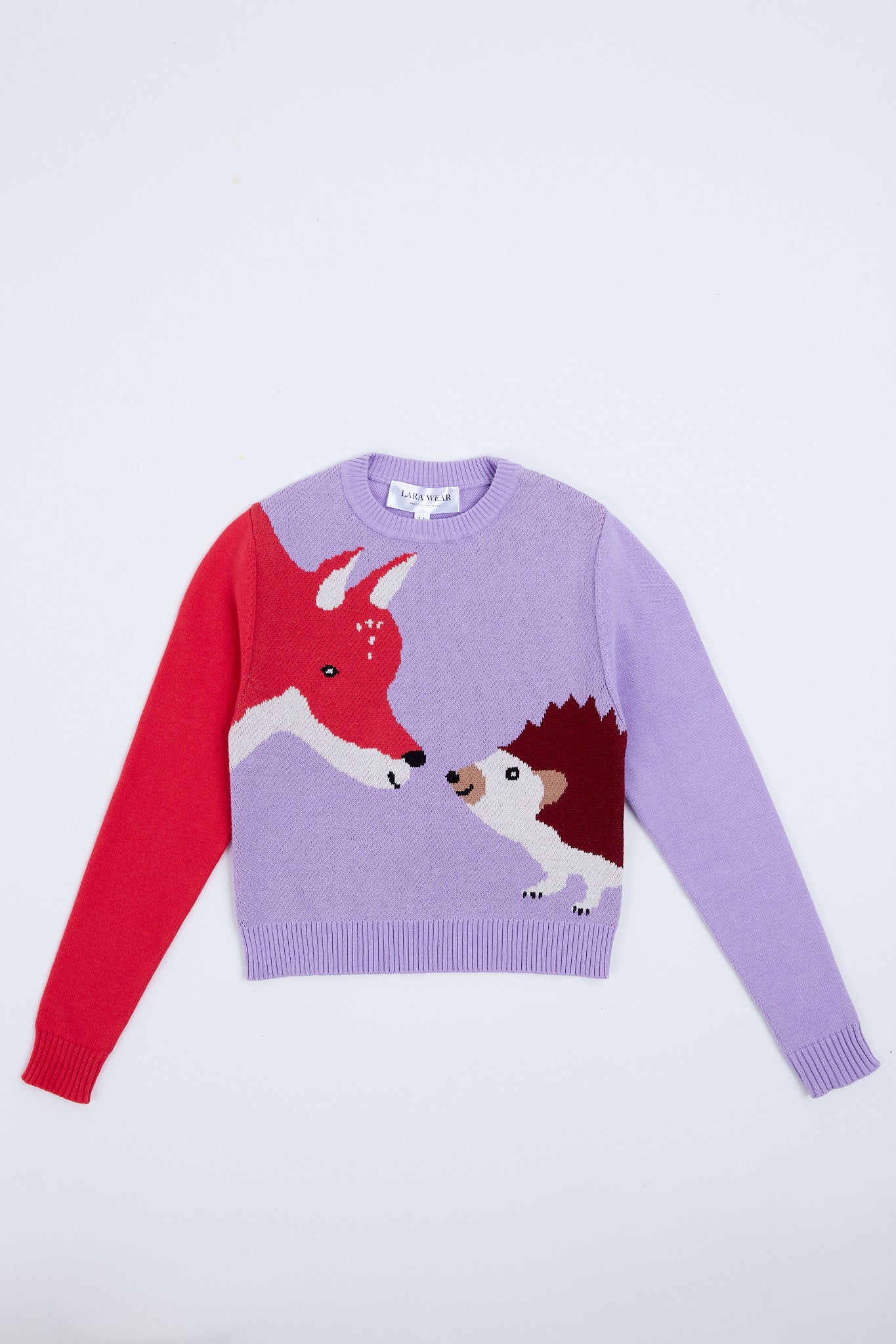 Playful children's sweater with fox and hedgehog