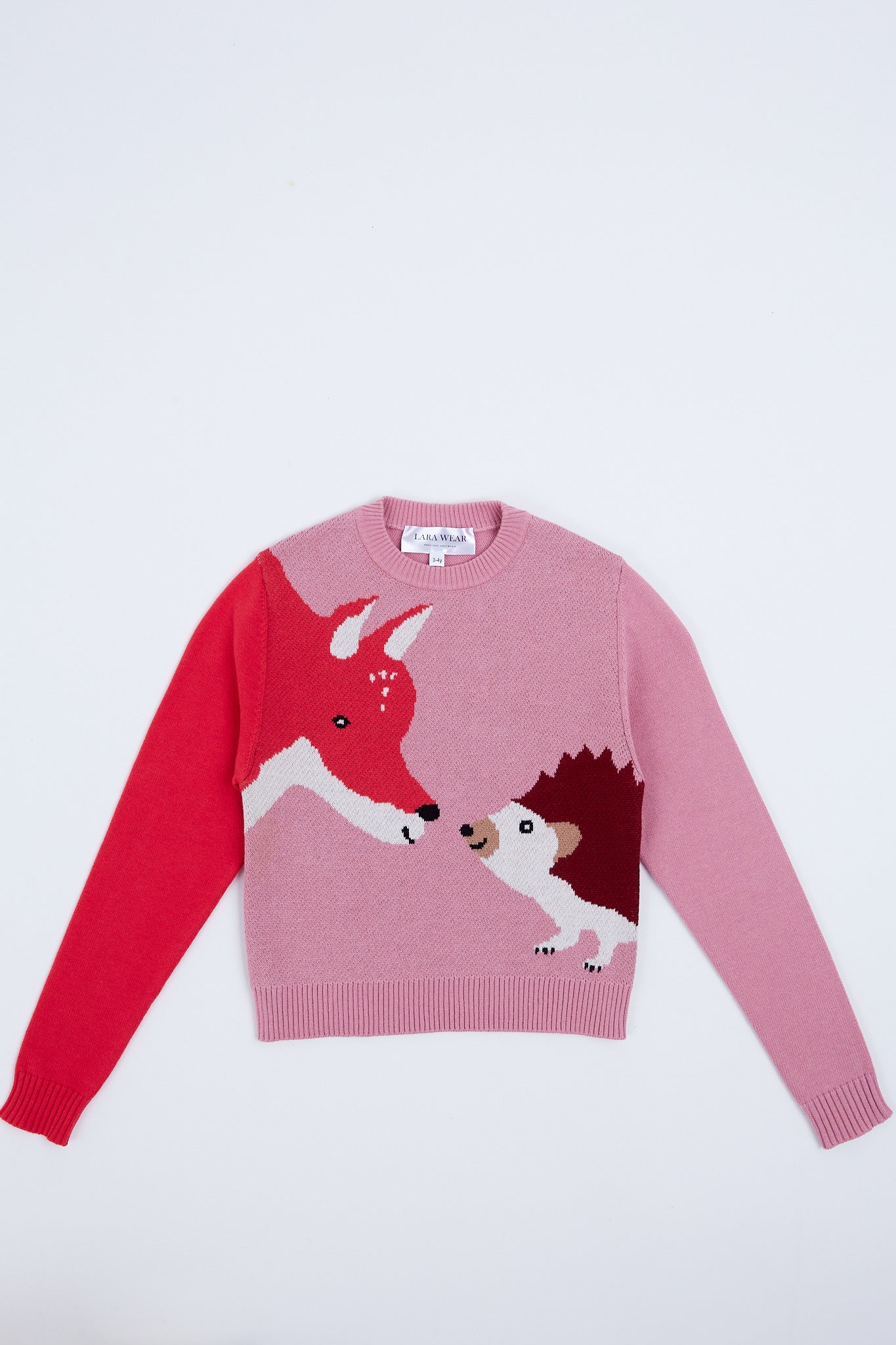 Playful children's sweater with fox and hedgehog