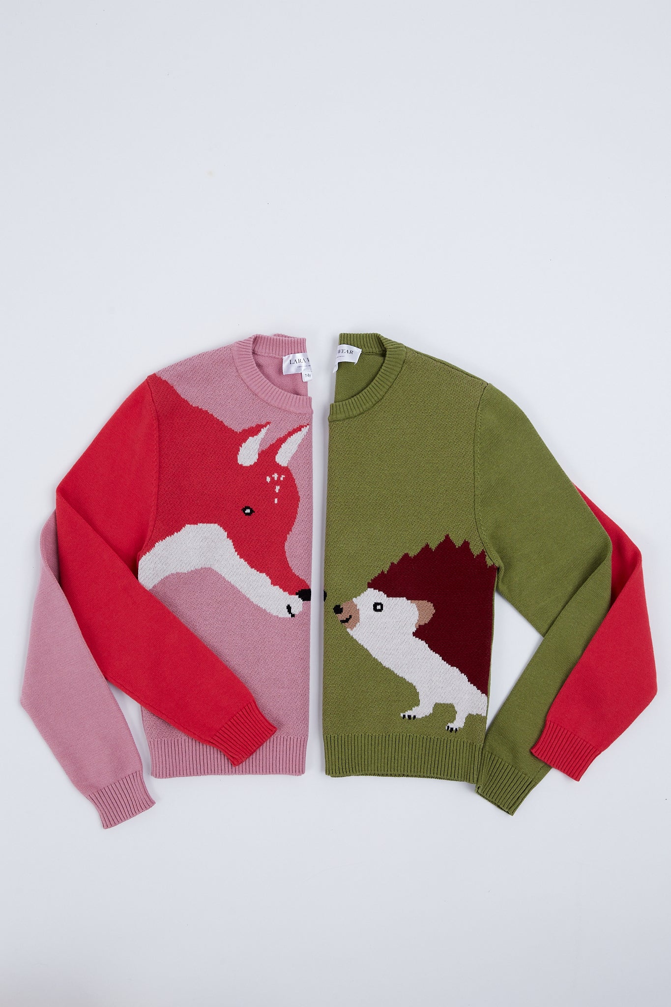 Playful children's sweater with fox and hedgehog