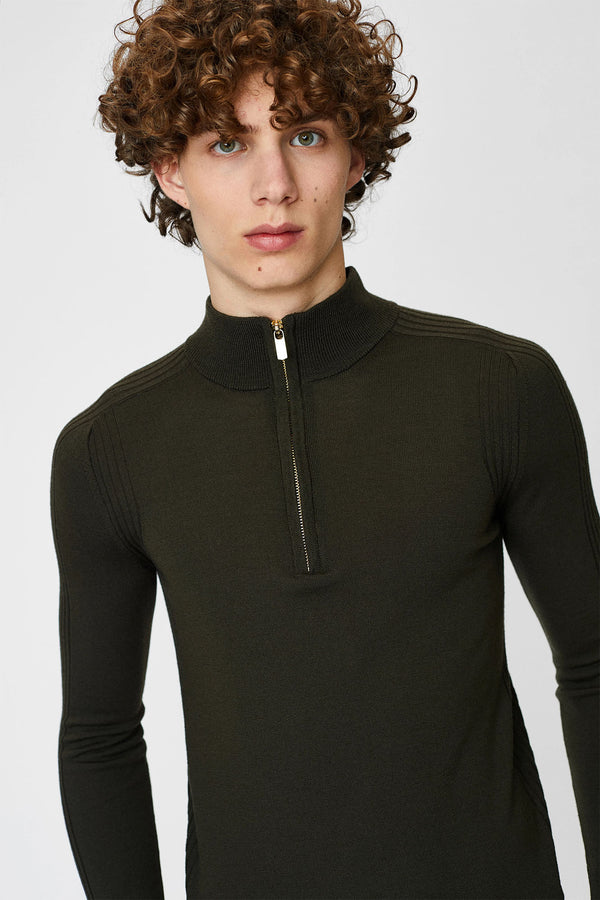 Crew neck sweater with short zipper and long sleeves, for men